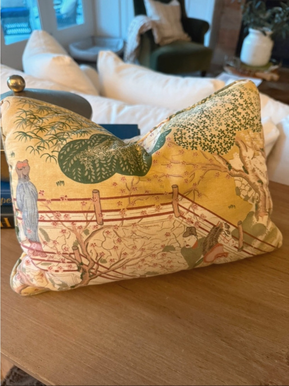Chinoiserie Asian Toile Lumbar Accent Pillow 12” x 8.5”